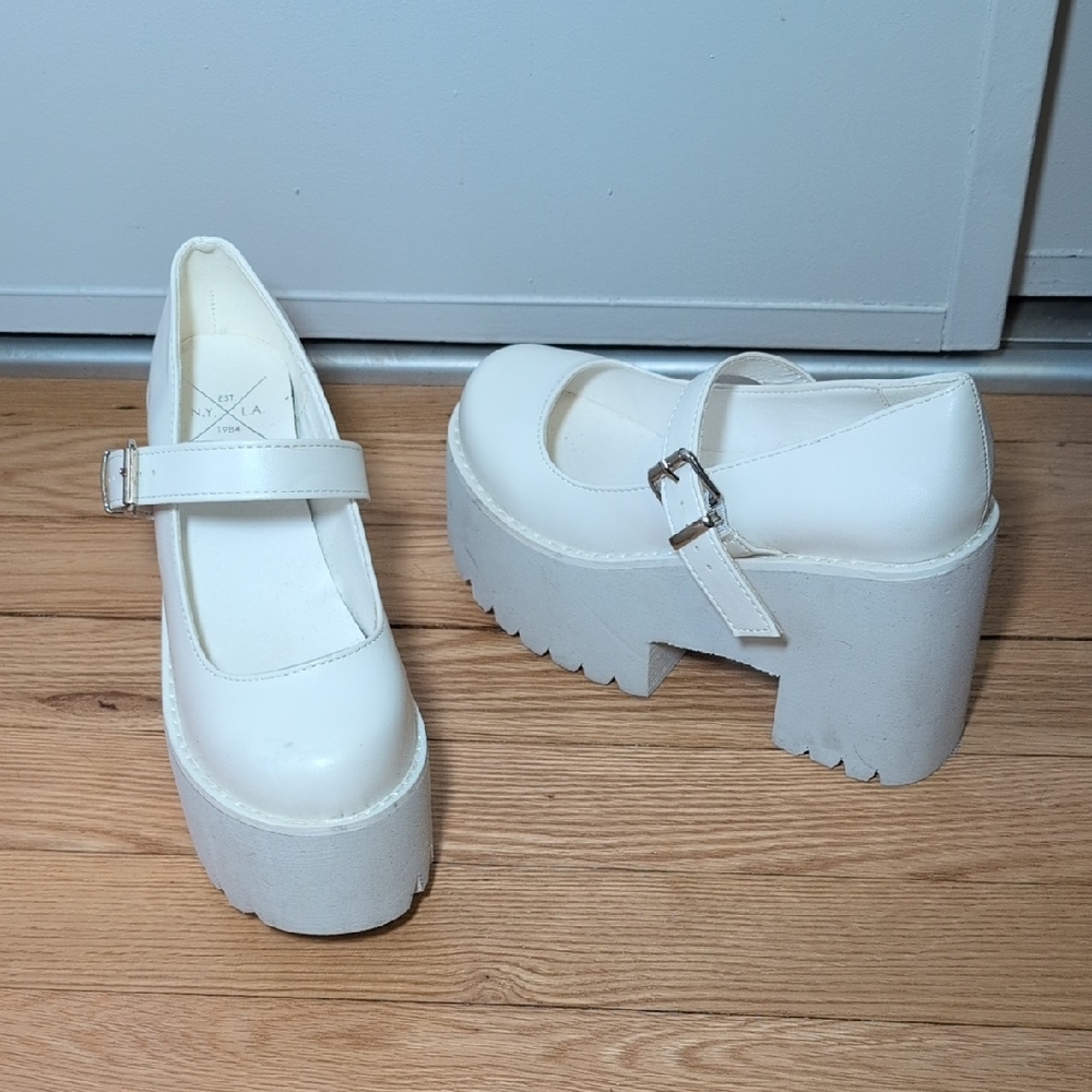 Dolls Kill White Platform Mary Jane Chunky Heel Shoes